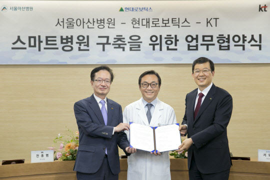 전홍범 KT AI·DX융합사업부문 부사장(왼쪽부터), 이상도 서울아산병원 병원장, 서유성 현대로보틱스 대표이사가 지난달 30일 업무협약을 체결하고 기념촬영을 하고 있다.    KT 제공